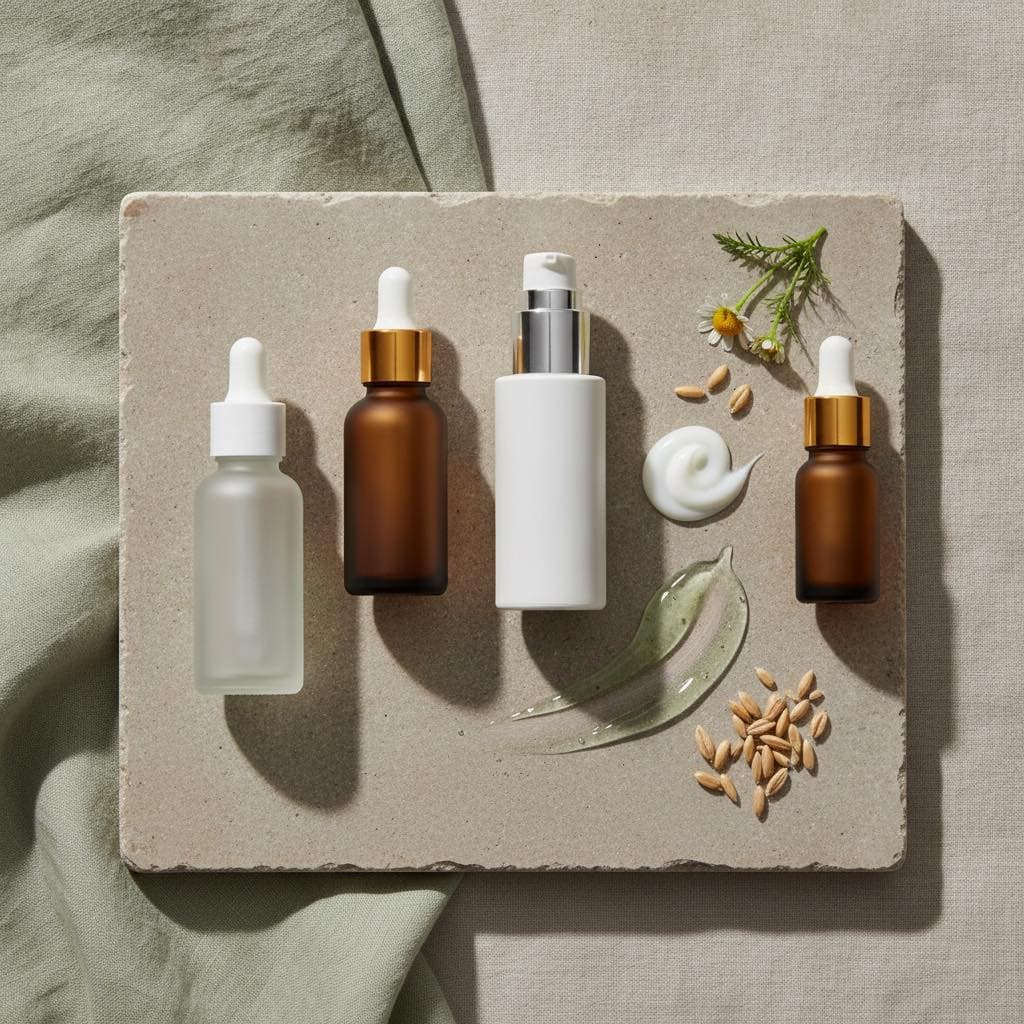 Unbranded serum bottles in frosted and amber glass on a stone slab with a swirl of cream, a smear of green gel, chamomile and oat grains on sage linen