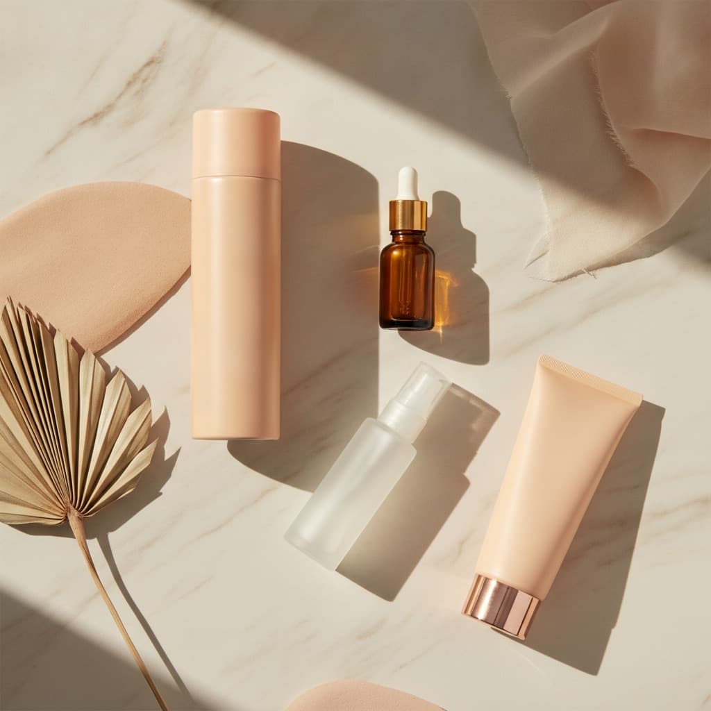Composition éditoriale : flacon de mousse autobronzante, flacon-doseur de gouttes, brume et lait progressif sur marbre crème, lumière dorée
