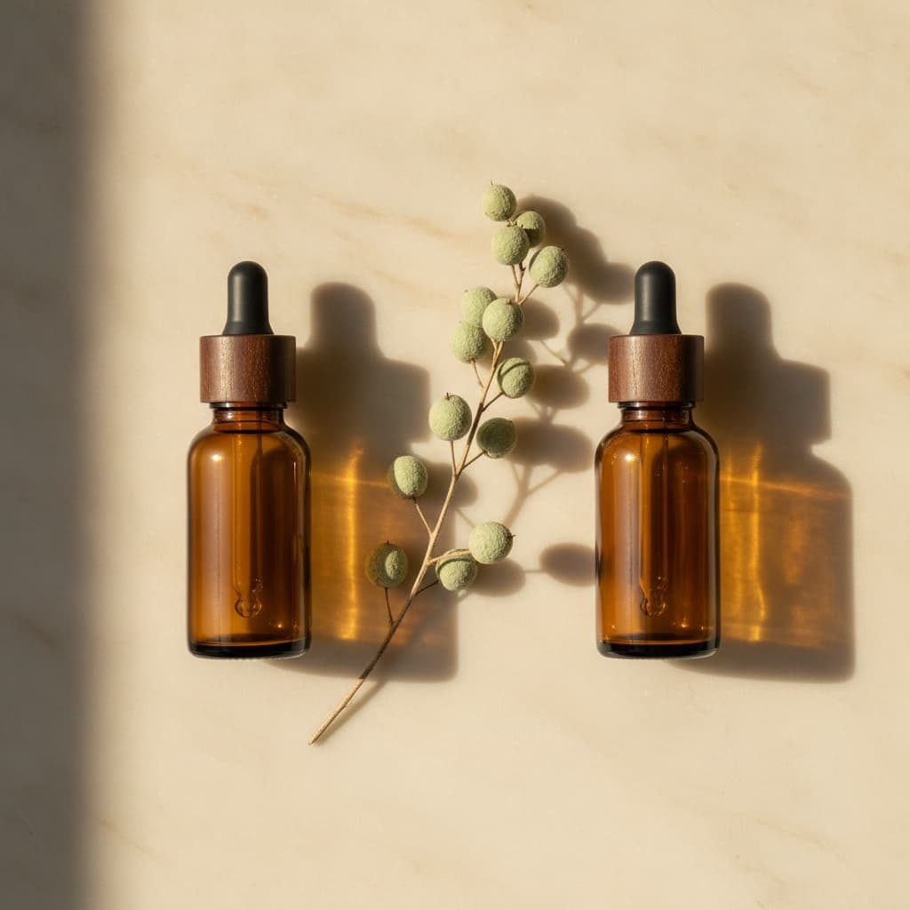 Bakuchiol serum next to a retinol bottle on minimalist background