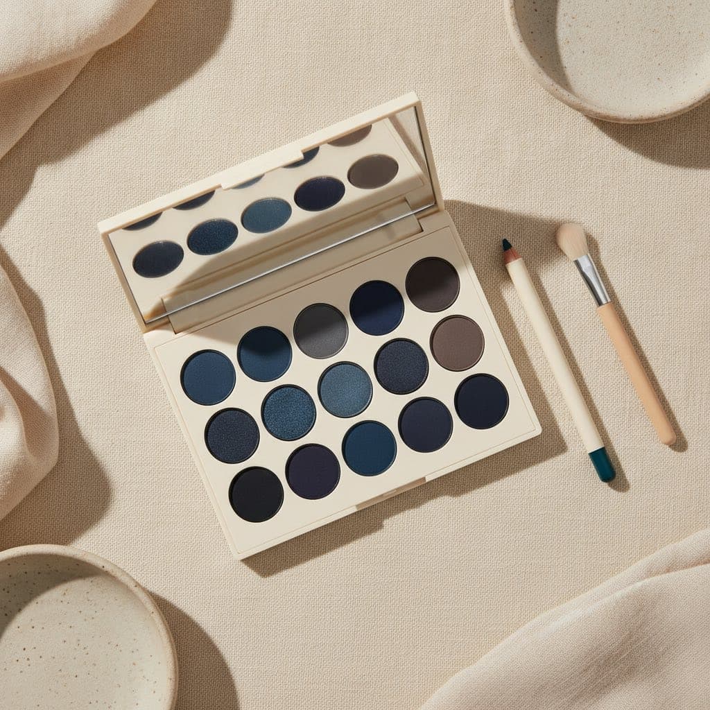 Palette de fards bleu denim et crayon gel bleu-vert sur fond clair