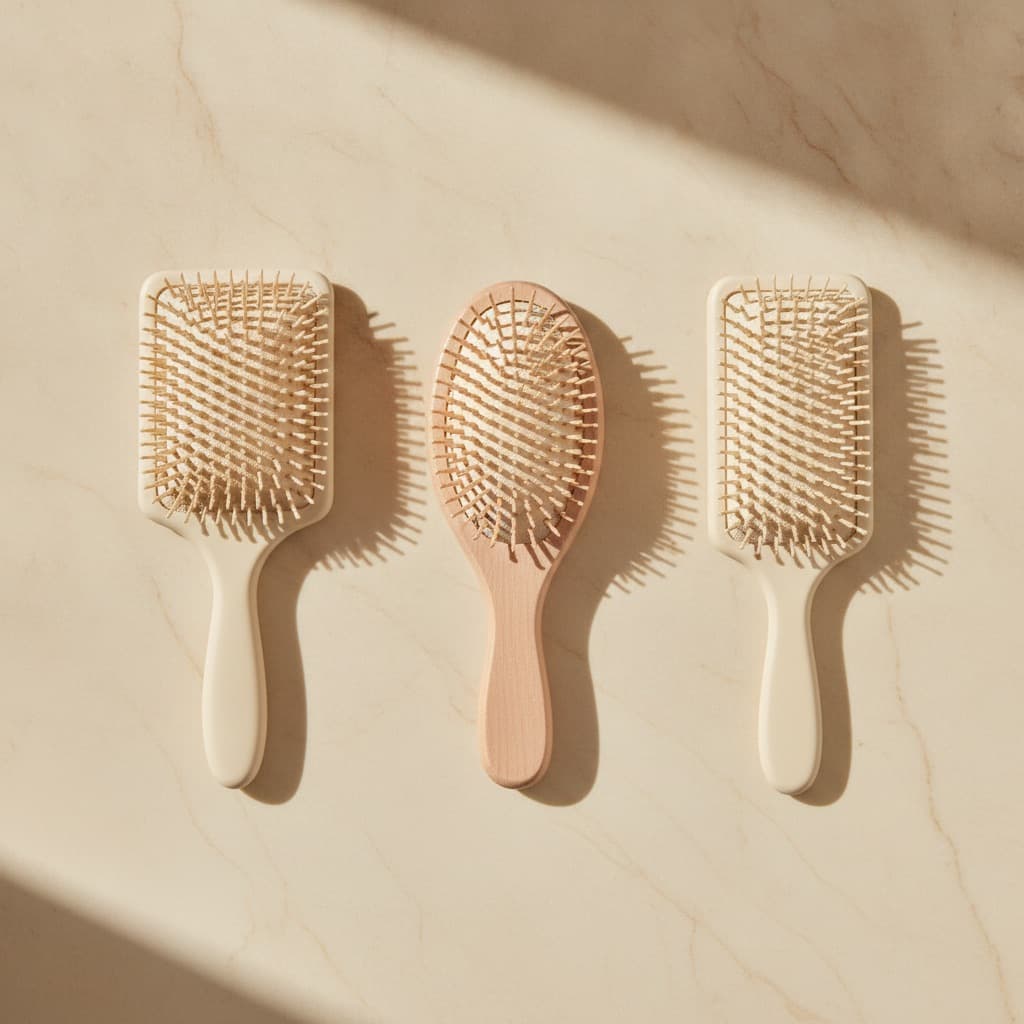 Trois brosses à cheveux non marquées posées sur un marbre ivoire en lumière douce