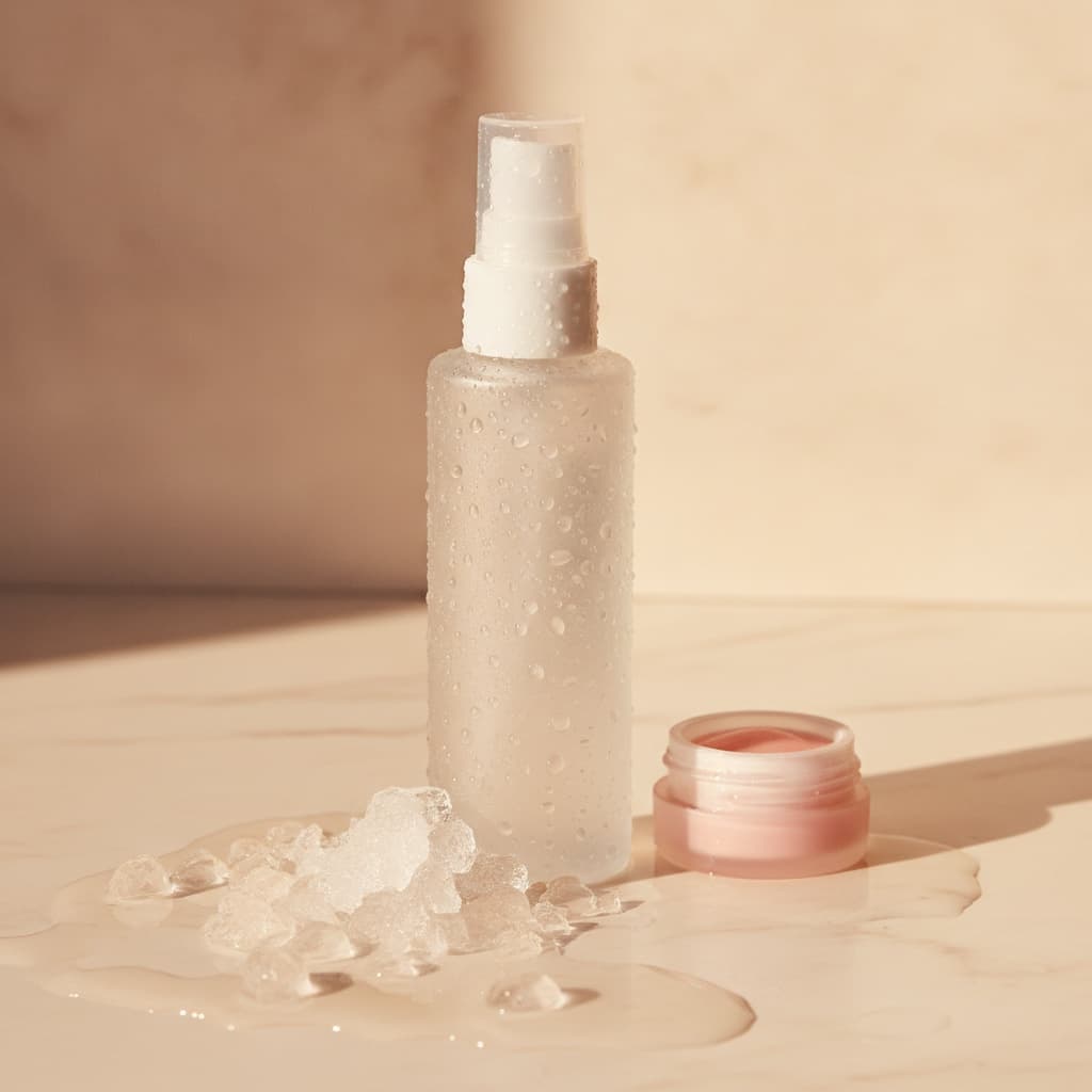 Editorial composition: frosted thermal mist bottle, rosy lip balm and water droplets on cream marble, warm golden light