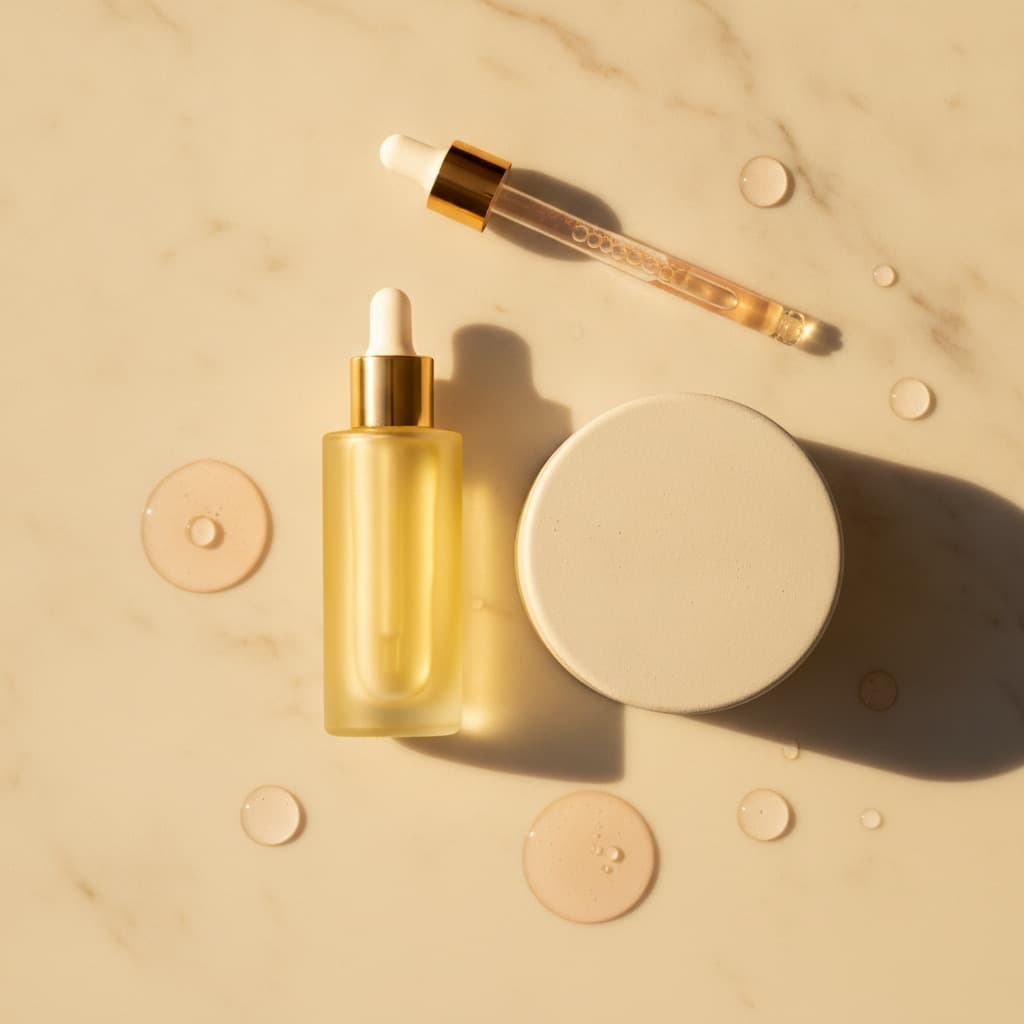 Composition éditoriale : huile capillaire dorée, flacon de masque crème ivoire et tube de soin réparateur sur marbre crème, gouttelettes d'eau, lumière dorée
