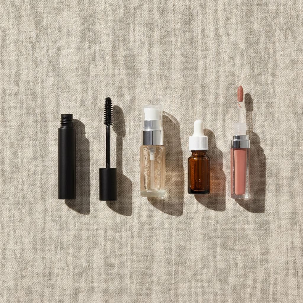 Trois produits de beauté abordables posés sur un fond clair et épuré