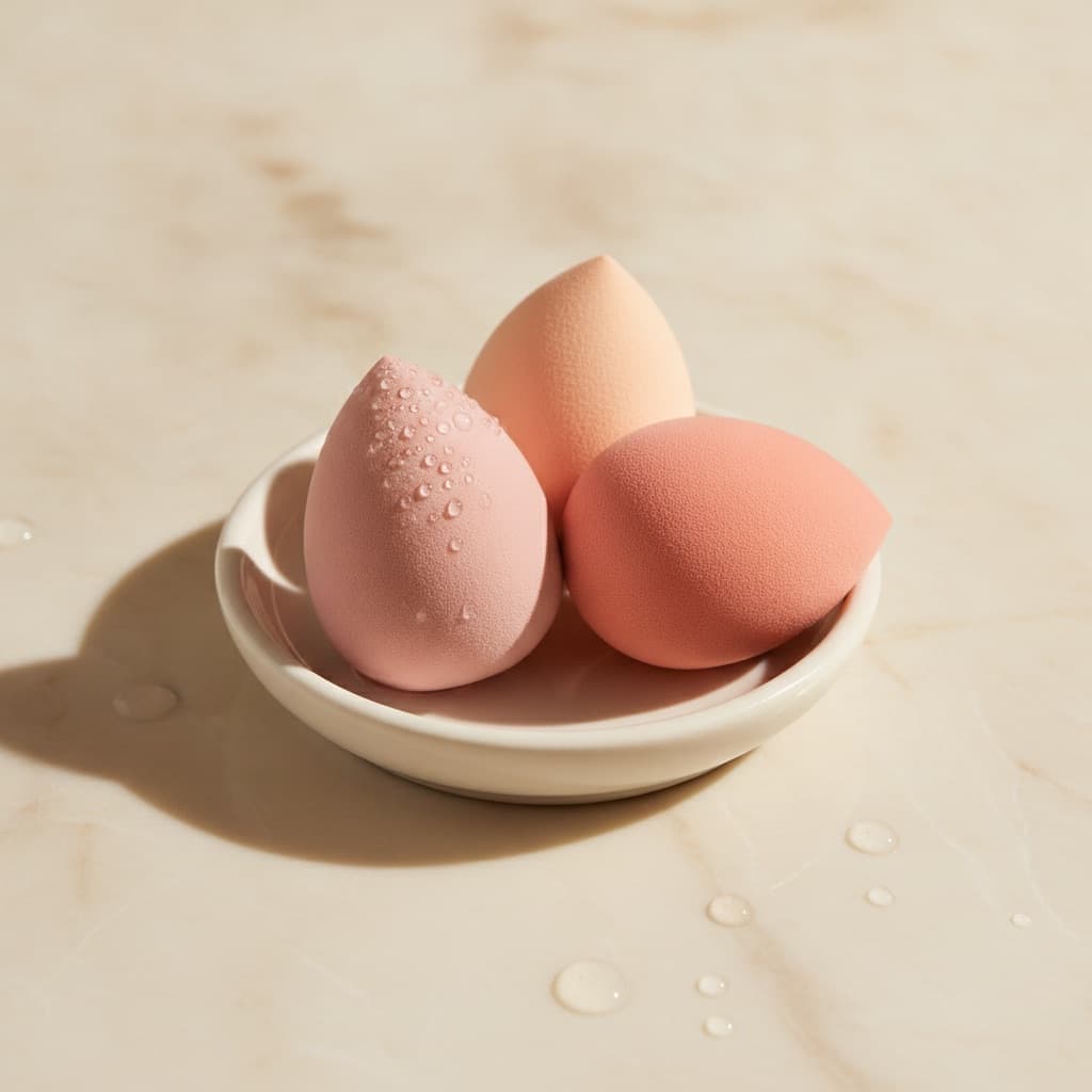 Trois éponges de maquillage en forme de goutte, rose, pêche et corail, dans une coupelle en céramique, l'une humide avec des gouttes d'eau