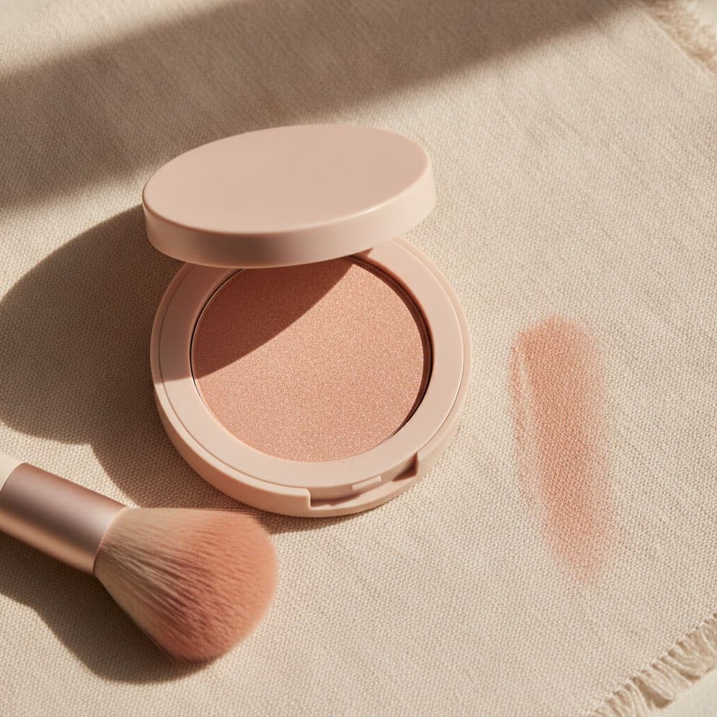 Poudrier de blush pêche doré ouvert, pinceau et trace de blush sur lin ivoire