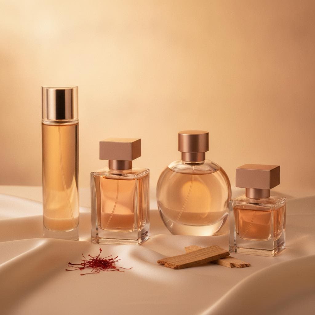 Quatre flacons de parfum sans marque remplis d'un liquide ambré et rosé sur soie ivoire, avec des filaments de safran et du bois de cèdre dans une lumière dorée