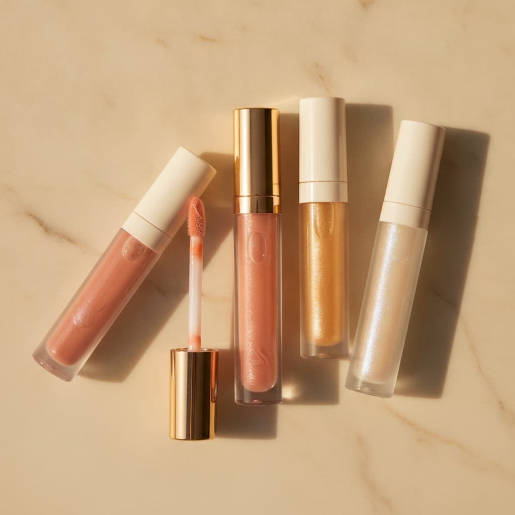 Golden tinted lip oil surrounded by its glossy dupes on cream background, brush applicators, soft editorial light