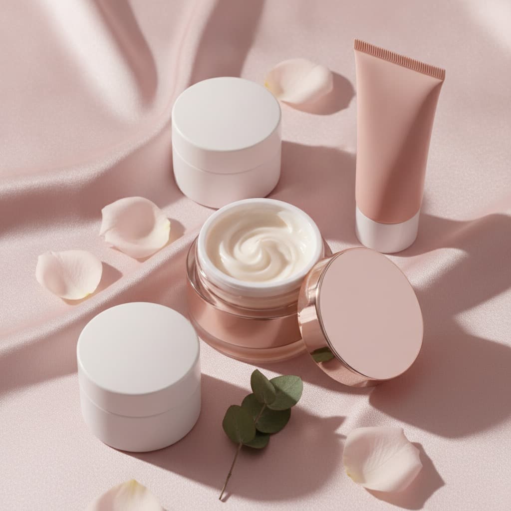 Un pot de crème rose doré ouvert, texture fouettée, entre des pots et un tube de crème blancs et rose poudré, pétales de rose sur satin rose