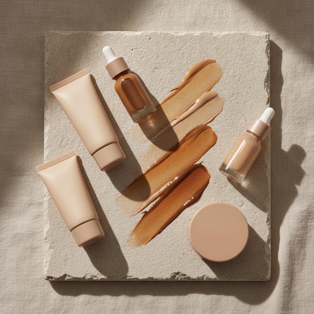 Unbranded skin tint tubes and dropper bottles with swatches in beige to deep brown shades on a stone slab and ivory linen