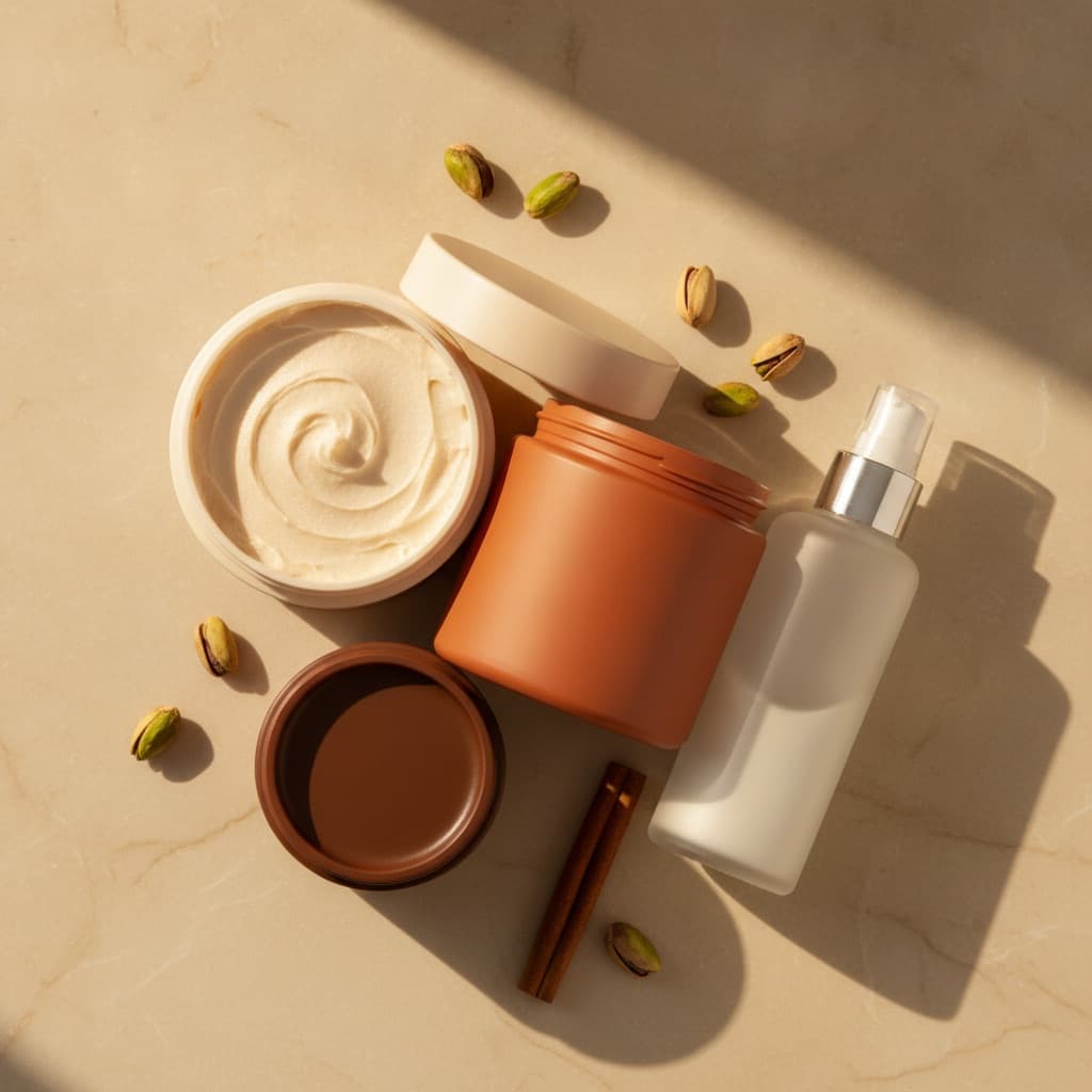 Orange Sol de Janeiro Bum Bum body cream jar surrounded by its gourmand dupes on cream background, warm summer light