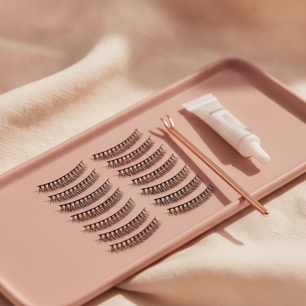 Rows of wispy false eyelash clusters on a blush-pink tray, with a rose-gold applicator and a small glue tube on ivory linen