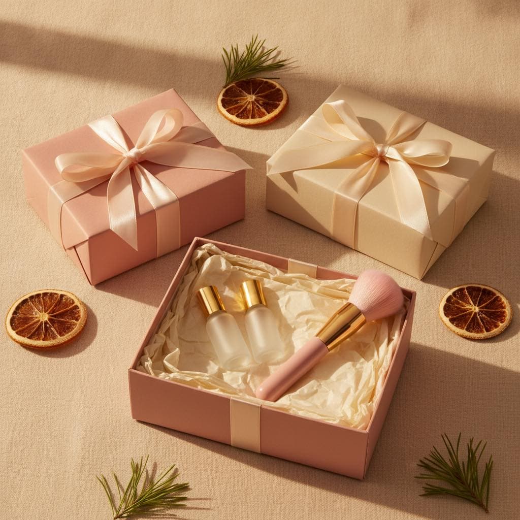 Blush pink and ivory gift boxes with silk ribbons, one open with mini bottles and a pink makeup brush, among dried orange slices and pine