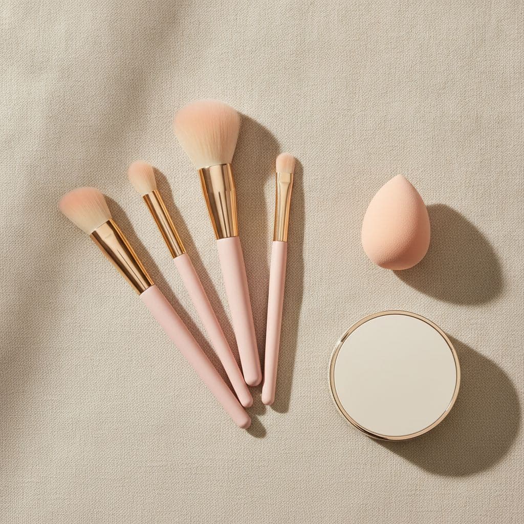 Five unbranded blush-pink makeup brushes fanned out on cream linen beside a peach makeup sponge and a round compact
