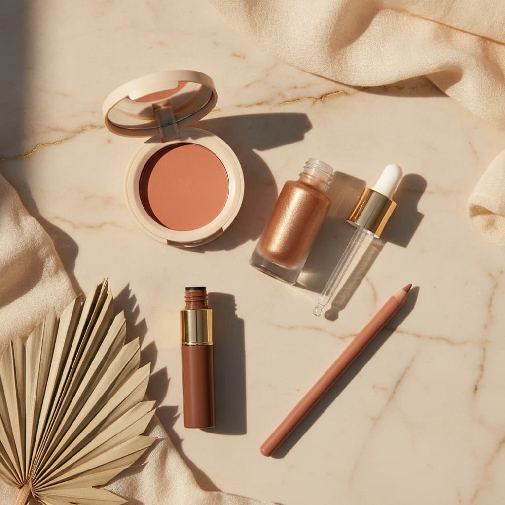 Editorial composition: cream bronzer palette, terracotta liquid blush tube, brown mascara and nude lip pencil on cream marble, warm golden light