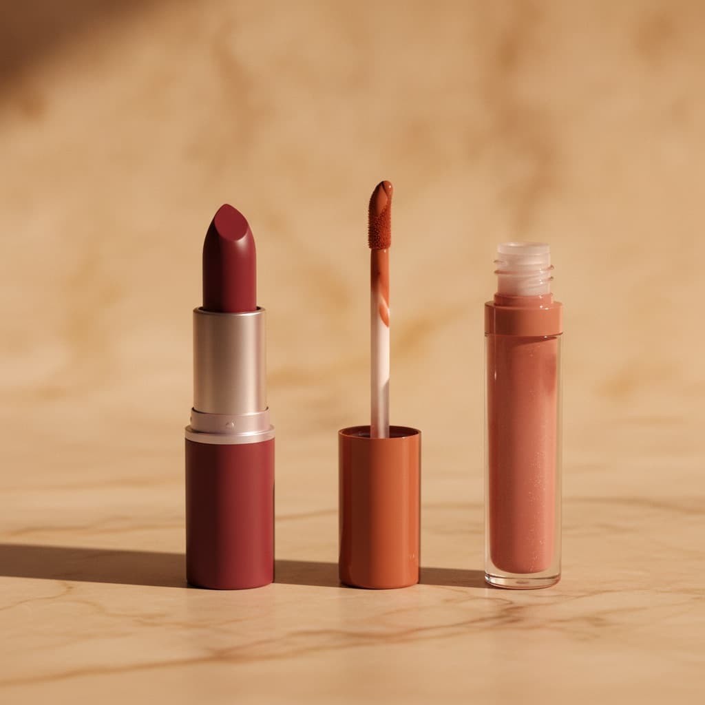 Rouges à lèvres aux finis mat, vinyle et gloss alignés sur un fond automnal chaud