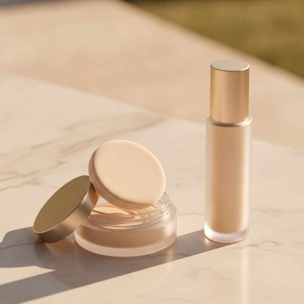 Editorial composition: open setting powder on cream marble, setting spray and foundation alongside, warm summer light