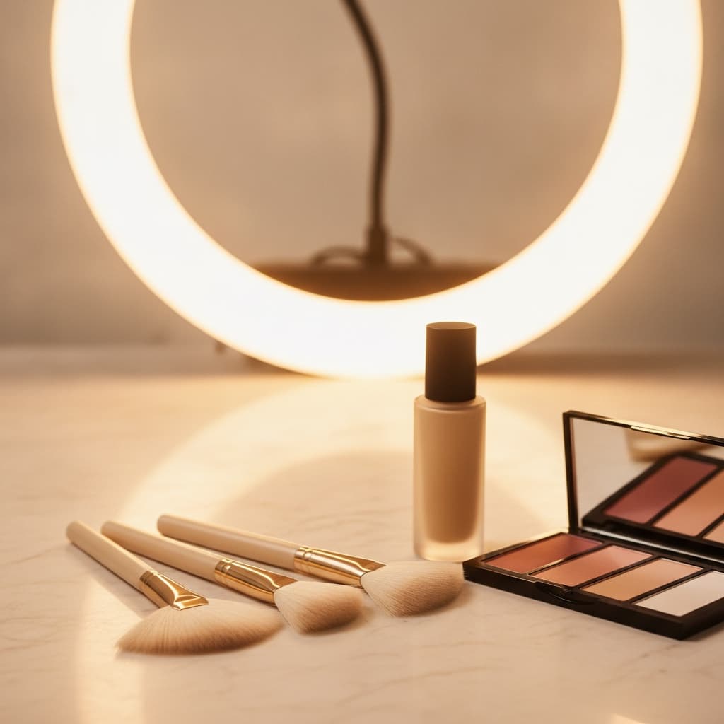 Editorial composition: blurred ring light in background, makeup brushes and foundation on cream marble, studio mood