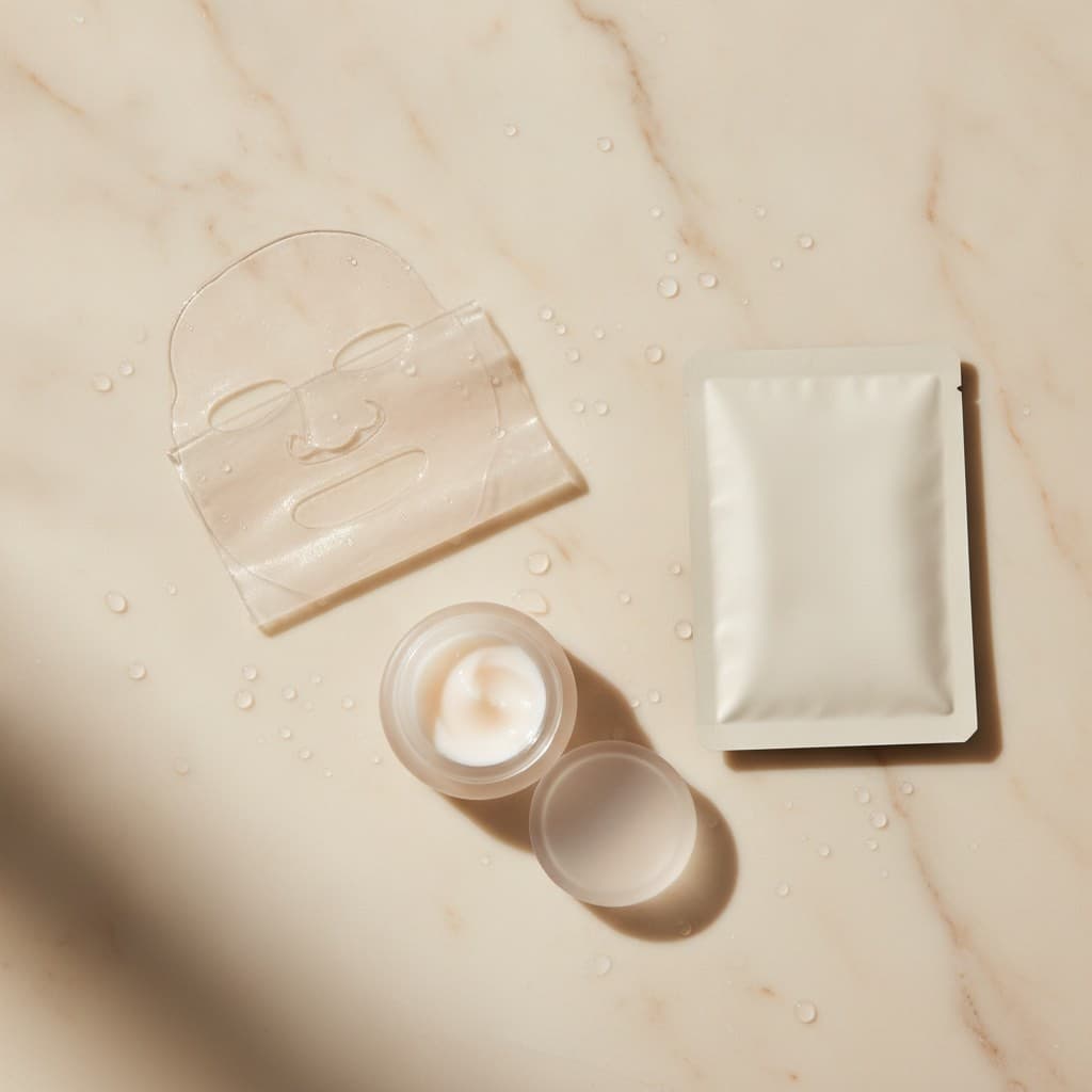 Masques coréens au collagène — hydrogel, pot de gel et masque tissu — sur un fond clair