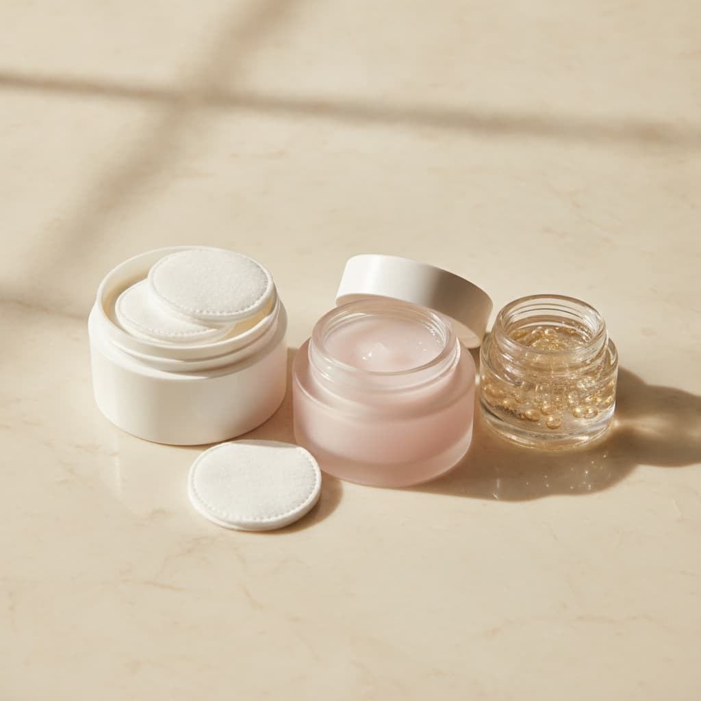 Three unbranded Korean skincare products on ivory marble: a pad jar, a pink gel cream, golden capsules