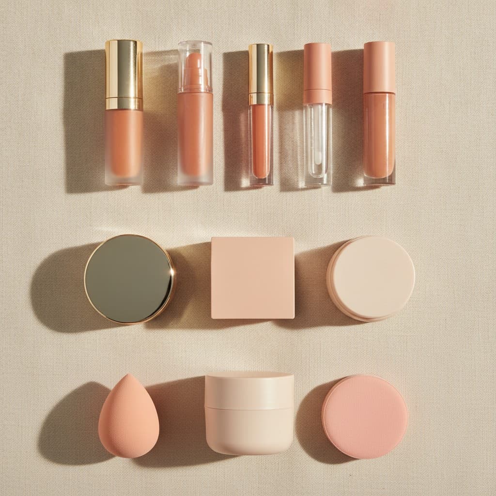 Produits de maquillage et de soin sans marque présentés par paires, luxe et petit prix côte à côte, sur lin ivoire