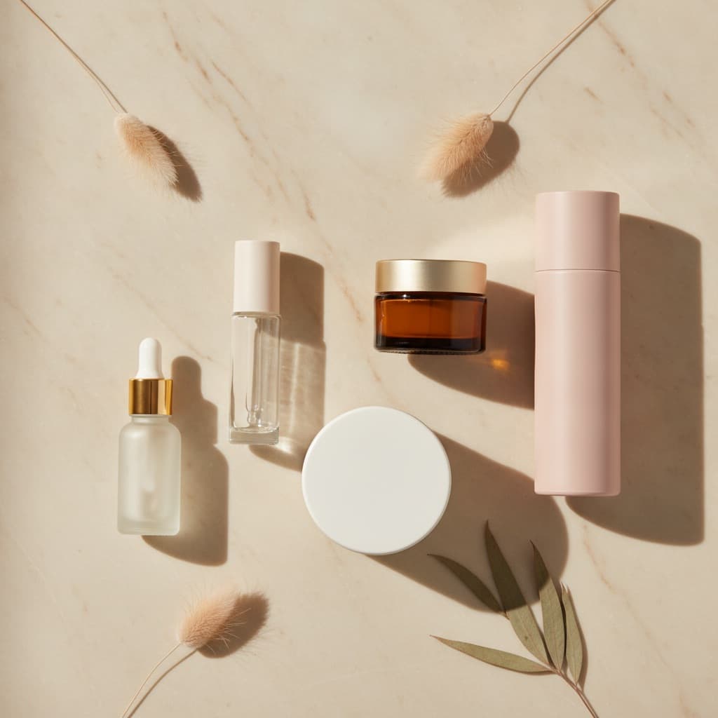 Peptide serums and creams lined up against a clean, minimal light background