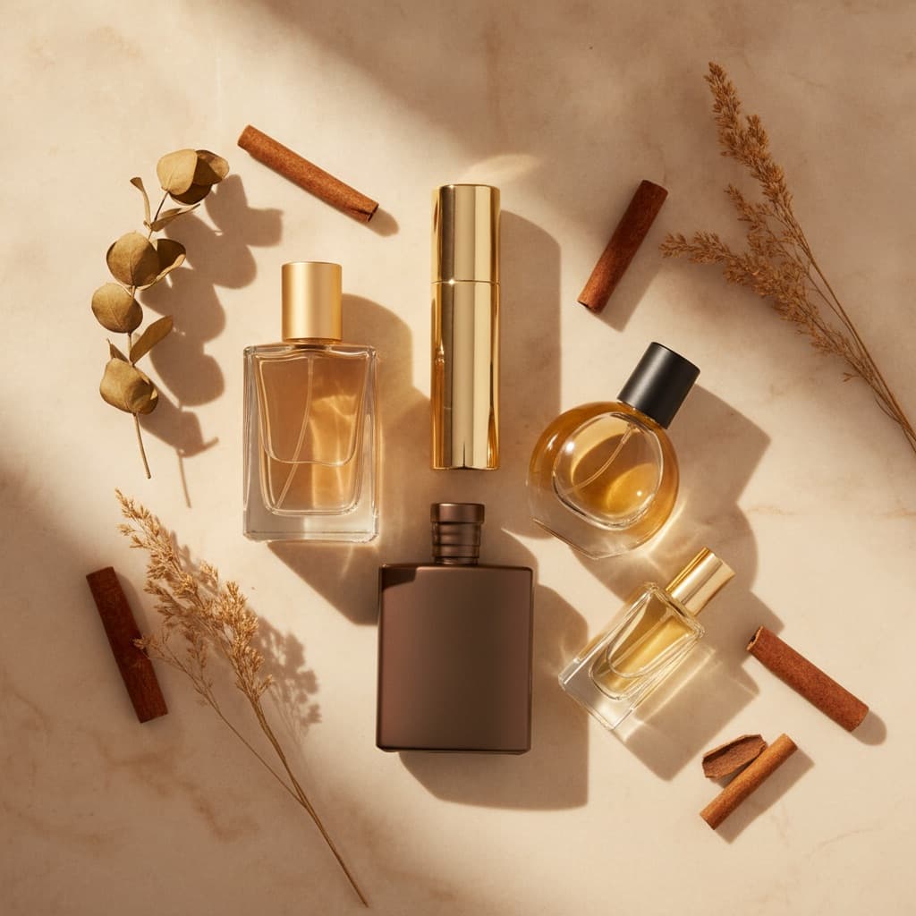 Flacons de parfum dorés et ambrés alignés sur un marbre ivoire en lumière chaude