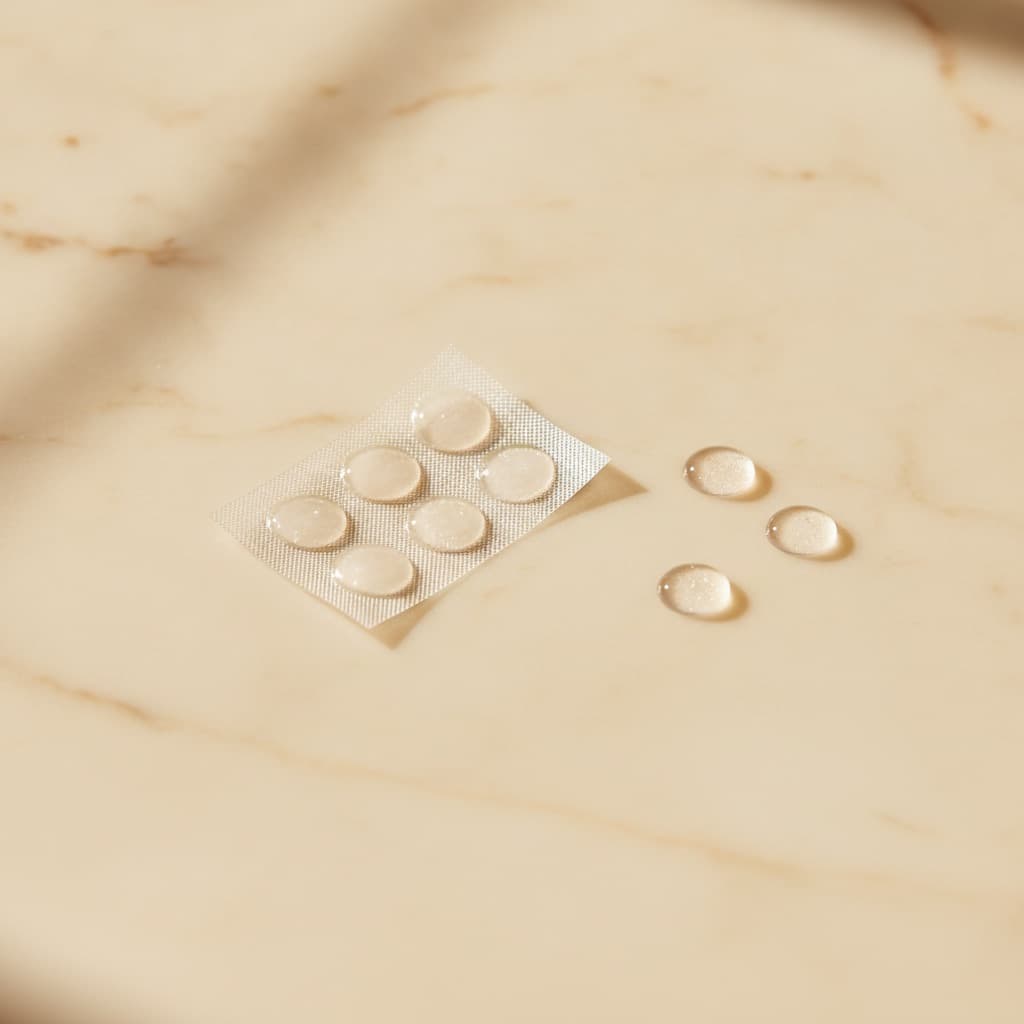 Patchs hydrocolloïdes anti-boutons sur leur feuille perforée, posés sur un fond clair et neutre