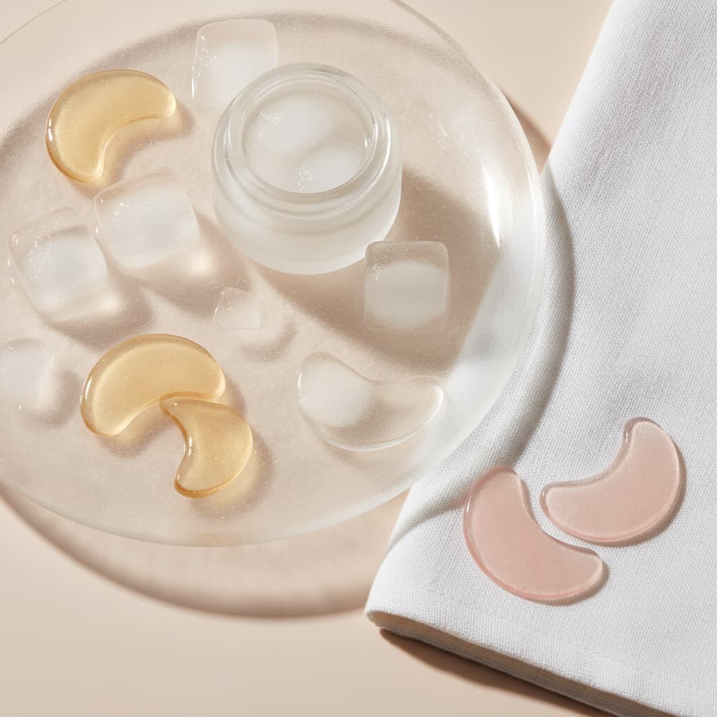 Gold, pink and clear hydrogel under-eye patches on a frosted glass tray with ice cubes and white linen