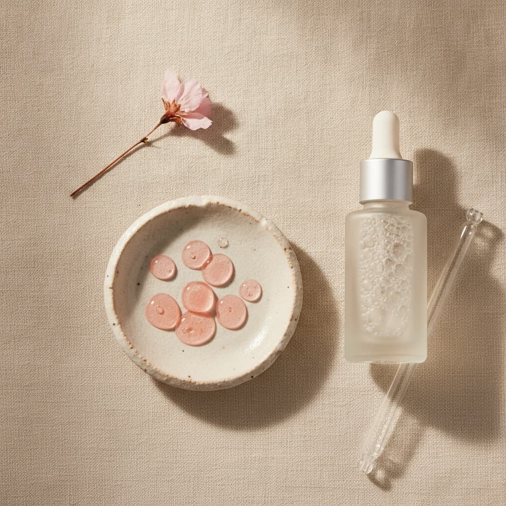 Small porcelain dish with rosé gel drops and a dried petal on ivory background