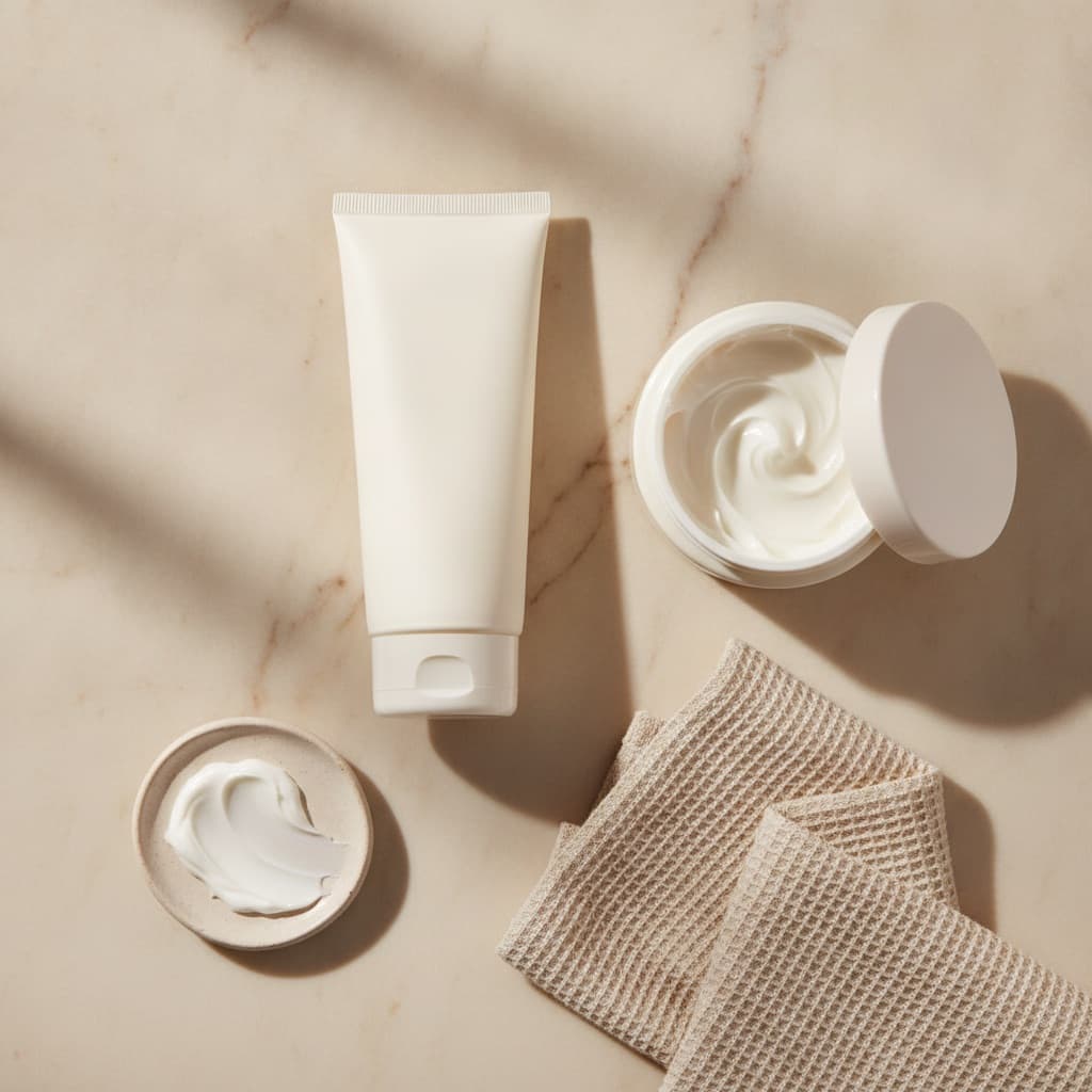 An unlabelled body cream tube and an ecru cotton towel on pale tile
