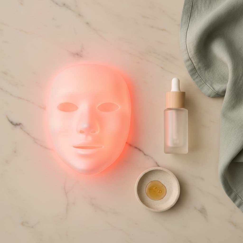 Masque LED en forme silhouette avec lueur rouge douce sur marbre crème, à côté d'un sérum