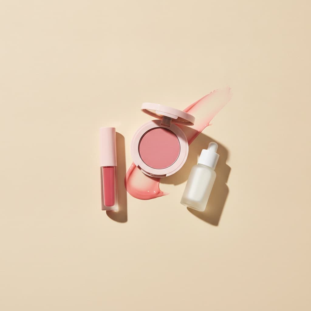 Tube de gloss rose, blush crème et flacon laiteux sans marque sur fond crème, avec une trace de baume rose