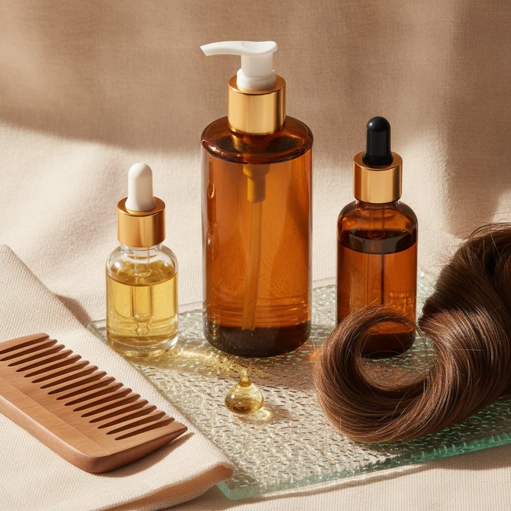 Flacons de sérum capillaire ambrés, goutte d'huile, peigne en bois et mèche brune brillante sur lin ivoire