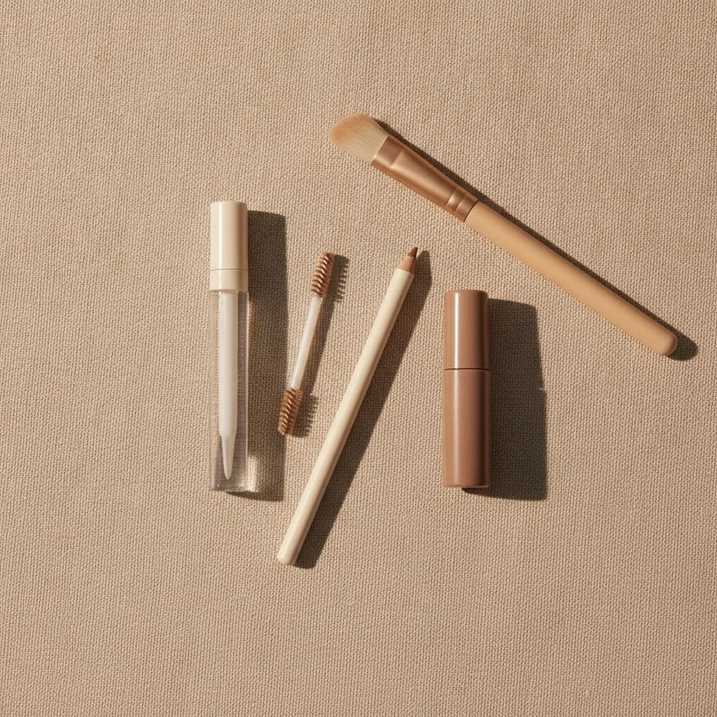 Produits pour sourcils — gel transparent, crayon et mascara — sur un fond neutre et lumineux
