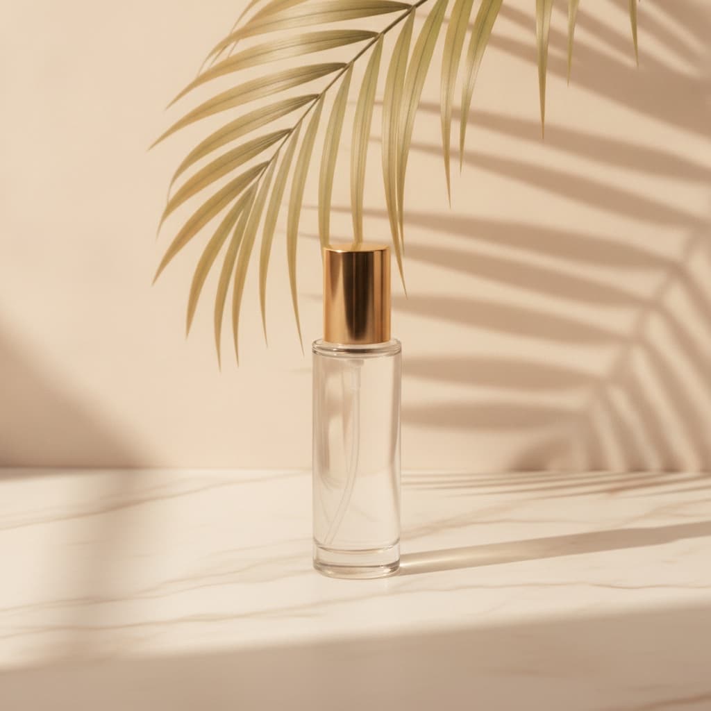 Editorial composition: transparent SPF bottle on cream marble with palm frond and golden summer light