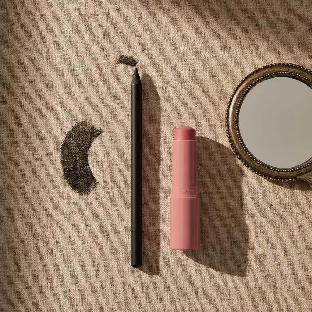 A kohl pencil, a cream blush stick and a small mirror on beige linen