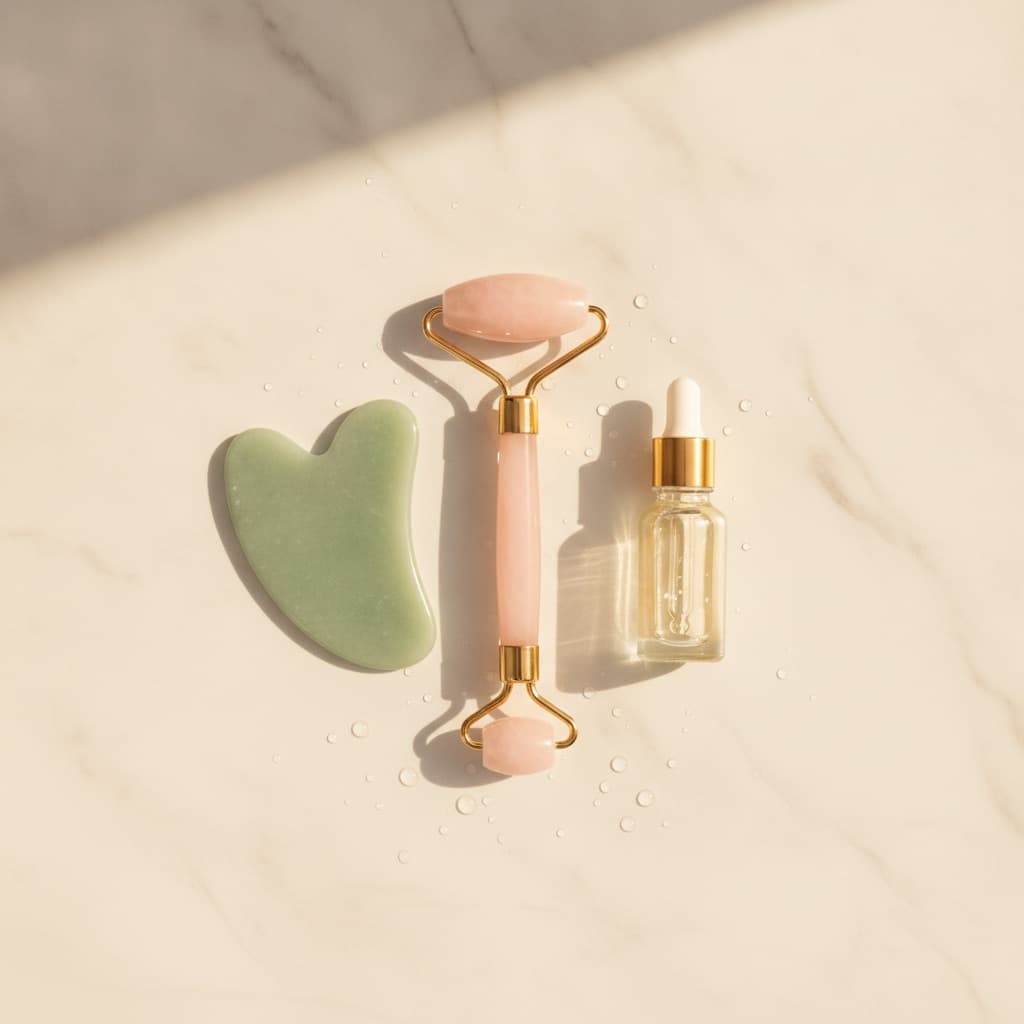 Editorial composition: jade and rose quartz gua sha on cream marble, clear eye serum bottle, warm morning golden light