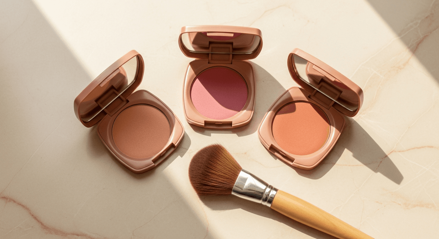 Blush shades palette on warm beige linen surface