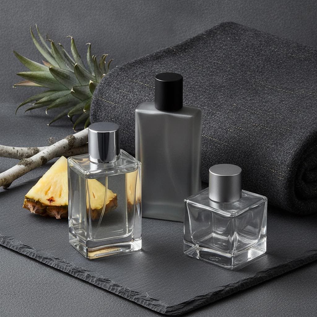 Trois flacons d'eau de Cologne sans marque en verre clair et fumé sur ardoise, avec une tranche d'ananas, des branches de bouleau et une écharpe en laine grise