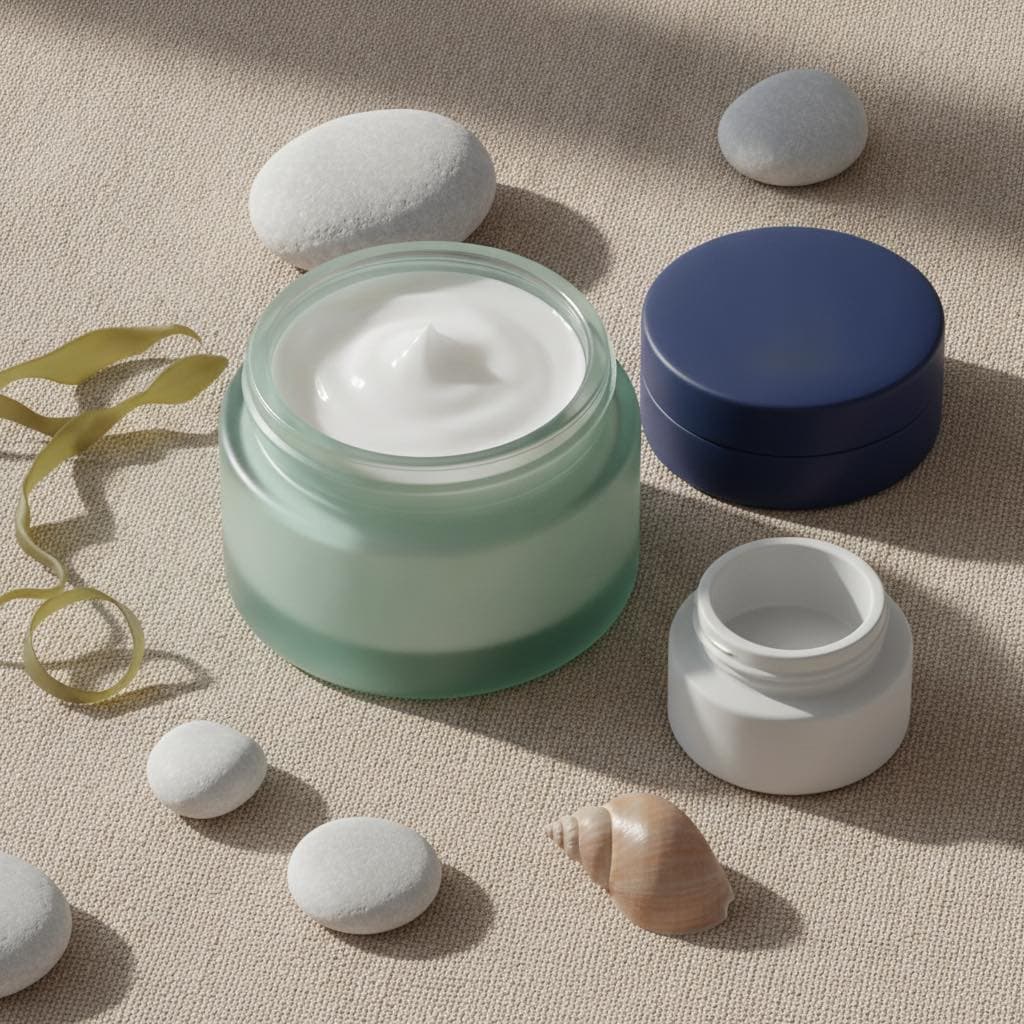 Un pot en verre vert d'eau ouvert sur une crème blanche épaisse, à côté d'une boîte bleu marine et d'un pot blanc, avec galets, coquillage et algue séchée sur lin couleur sable