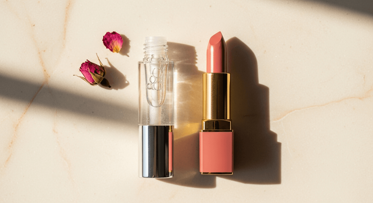 Lip gloss and lipstick on a golden surface