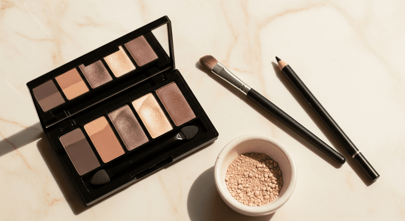 Cut crease eye look step by step on neutral background