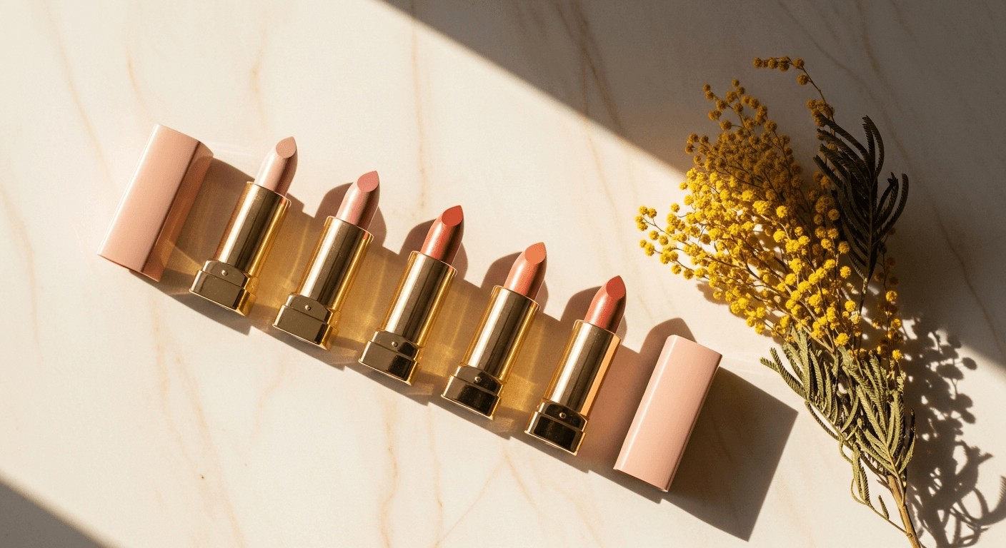 Selection of nude lip colors arranged by undertone on marble