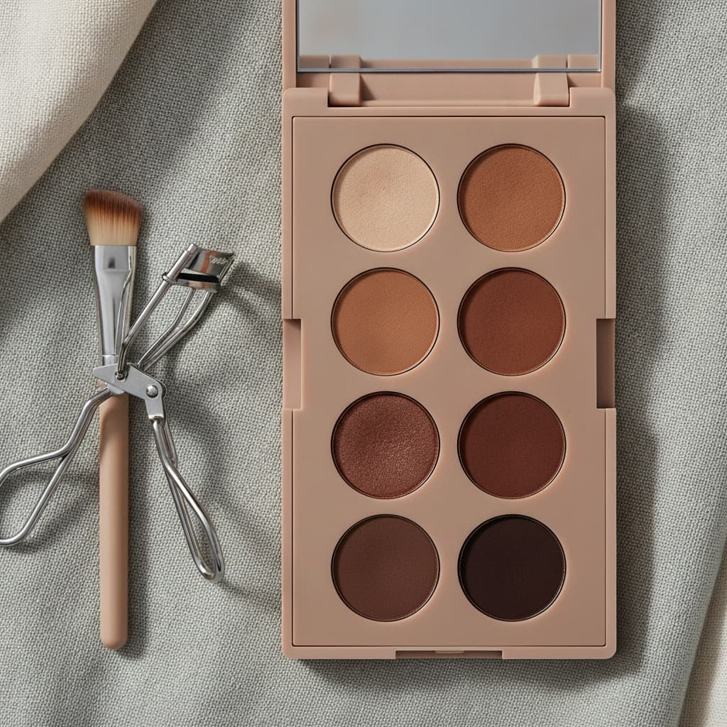 Palette eyeshadow nude avec pinceaux et recourbe-cils sur fond beige minimaliste