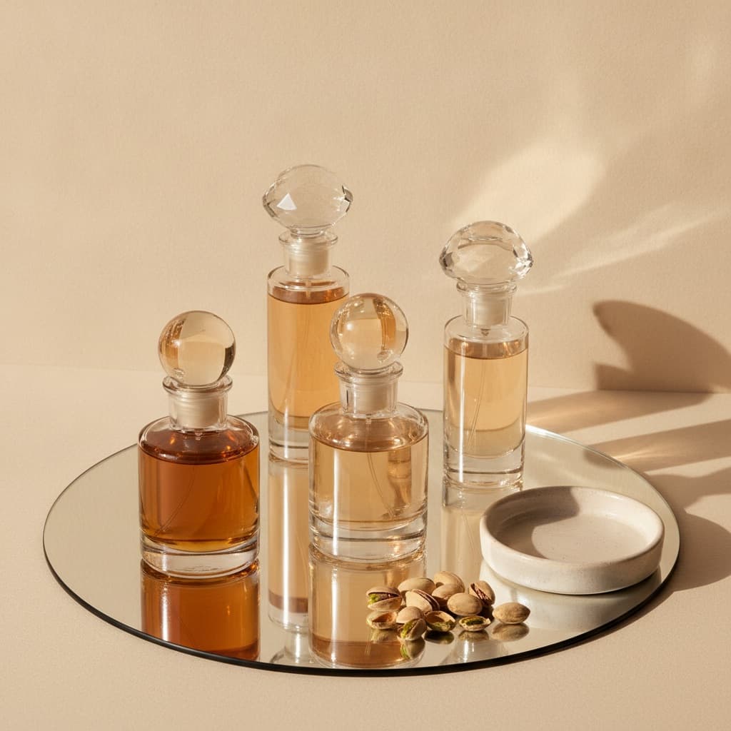 Un flacon de parfum ambré sans étiquette sur un plateau de marbre clair, à côté de pistaches décortiquées