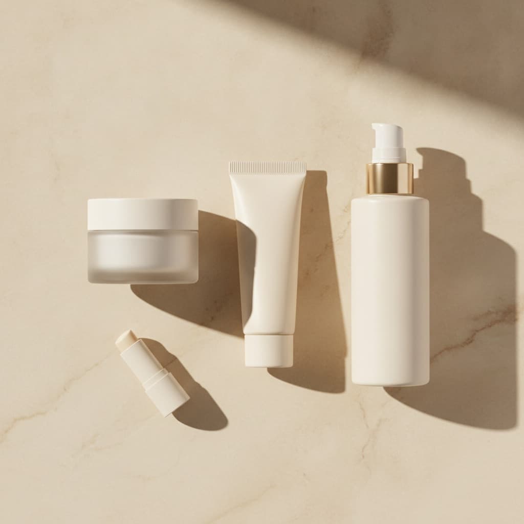 Minimalist off-white and beige skincare products arranged on a light countertop