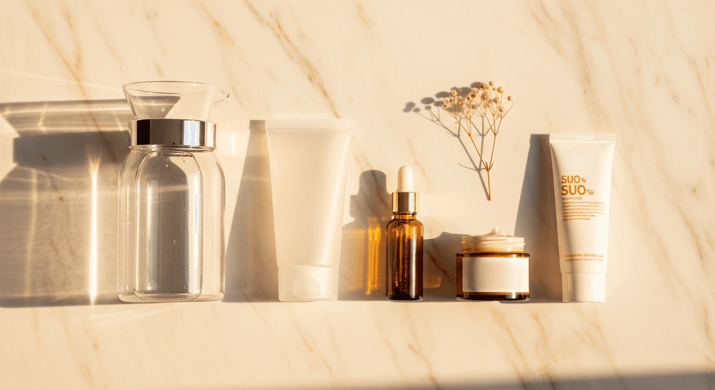 Morning skincare routine products in sunlight